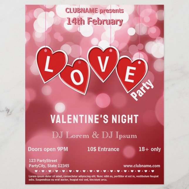 LOVE Red Hearts Valentine's Day Party Flyer (Vorne)