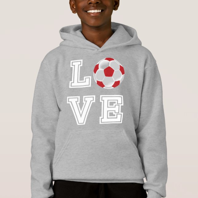 Love Red Soccer  Ball - White Letters  Hoodie (Vorderseite)
