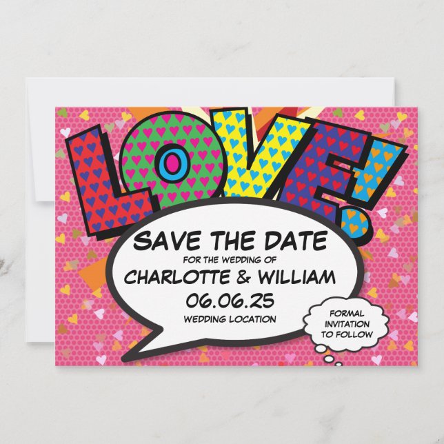 LOVE Save the Date Fun Retro Comic Book Pop Art (Devant)