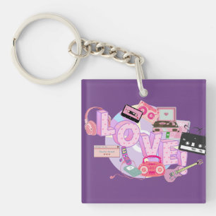 LOVE-Schlüsselanhänger – Pink & Purple Retro-Musik Schlüsselanhänger