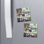 Love Script Overlay Photo Magnet<br><div class="desc">Share a favorite everyday, engagement or wedding photo on our square magnets featuring "love" in modern white handwritten script along the bottom. Makes a unique wedding favor when paired with an engagement photo!</div>