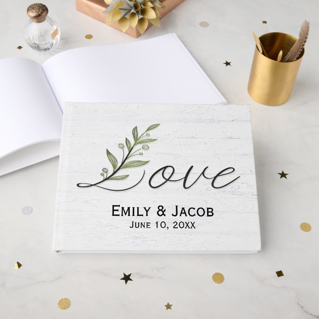 Love Script with Green Leaves on Whitewashed Wood Gästebuch (Vorderseite Offen)