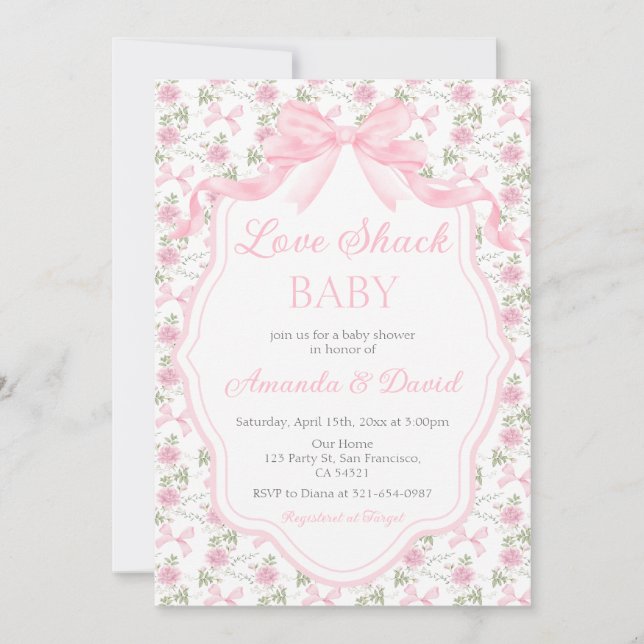  Love Shack Baby Pink Bow Baby Shower Girl Einladung (Vorderseite)