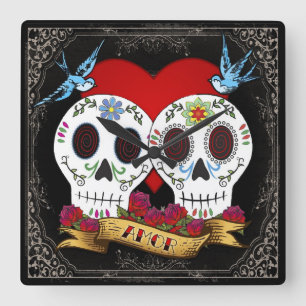 Love Skuls Carré Horloge murale