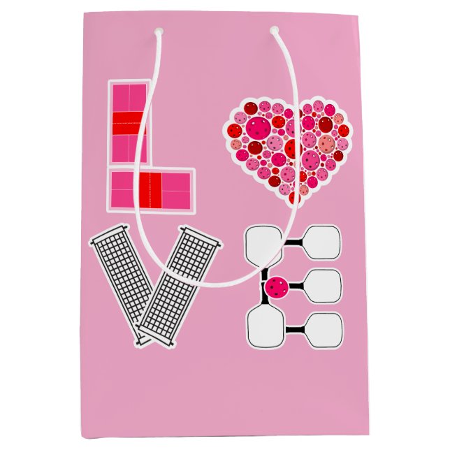 Love Spelled with Pickleballs Courts Net Paddles Mittlere Geschenktüte (Vorderseite)