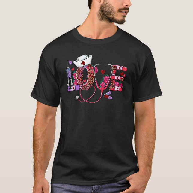 LOVE Stethoscope Nurse Life Valentine Day Leopard  T-Shirt (Vorderseite)