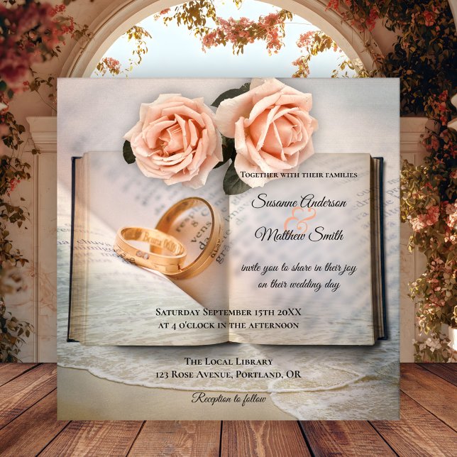 Love Story Dream Book Faire-part de mariage (Wedding invitation featuring books with roses and wedding rings with a dream beach overlay)