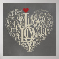 Love typographie texte coeur gris et rouge poster