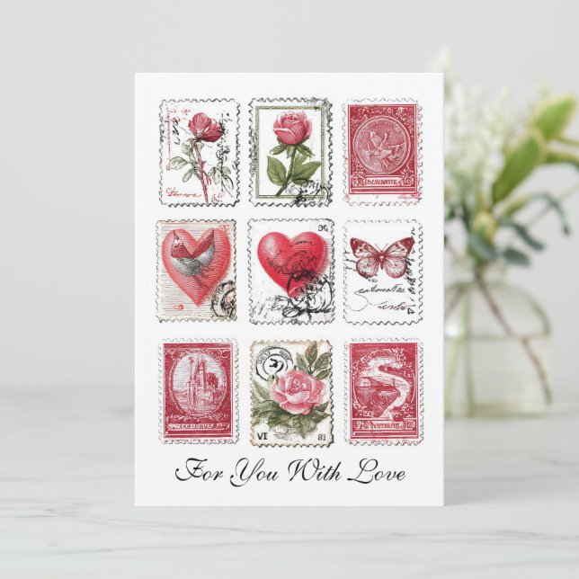 Love Valentine Postal Stamps Ephemera Collage Art Karte (Stehend Vorderseite)
