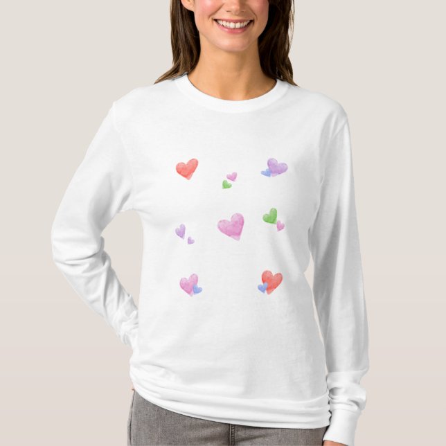 LOVE Valentines Fun Watercolor Hearts T-Shirt (Vorderseite)