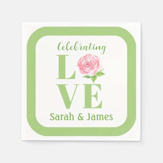 LOVE Wasserfarbe Rose NAME Hochzeit  Serviette (Vorderseite)