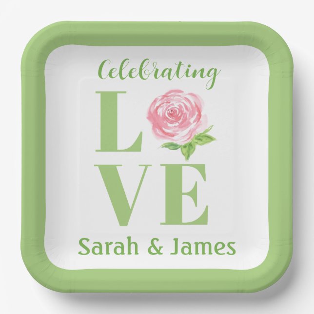 LOVE Wasserfarben-Rose NAME Hochzeit  Pappteller (Vorderseite)