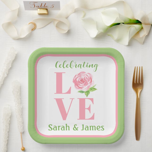 LOVE Wasserfarben-Rose NAME Hochzeitsgrün Pappteller (Hochzeit)