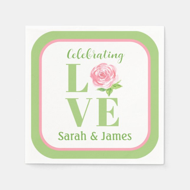 LOVE Watercolor Rose NAME Bridal Green Pink Serviette (Vorderseite)