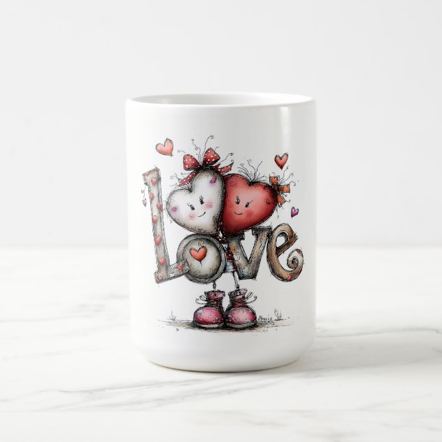  LOVE with Heart Characters Illustration Kaffeetasse (Mittel)