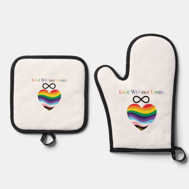 Love Without Limits - Rainbow Heart with Infinity Ofenhandschuh & Topflappen-Set (Vorderseite)