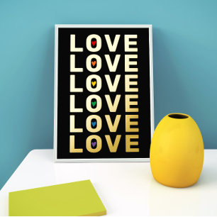 "LOVE"-Wort, Herzen in Regenbogenfarben Schwarz Go Foliendrucke