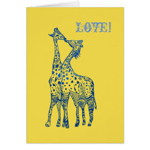 Love Yellow Blue giraffes Carte postale
