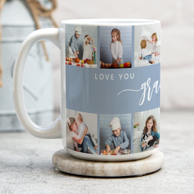 Love You Grandma 12 Photo Collage Dusty Blue Kaffeetasse (Von Creator hochgeladen)