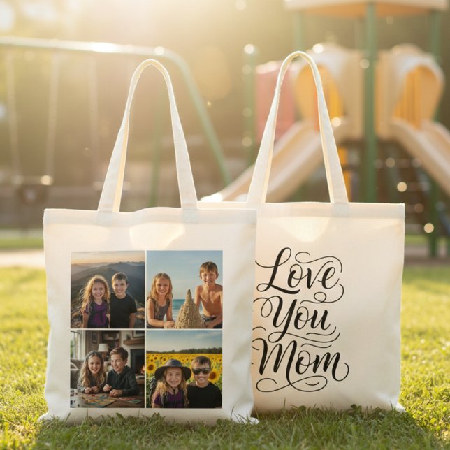 Love You Mom Modern 4 Photo Collage Custom Tragetasche (Von Creator hochgeladen)