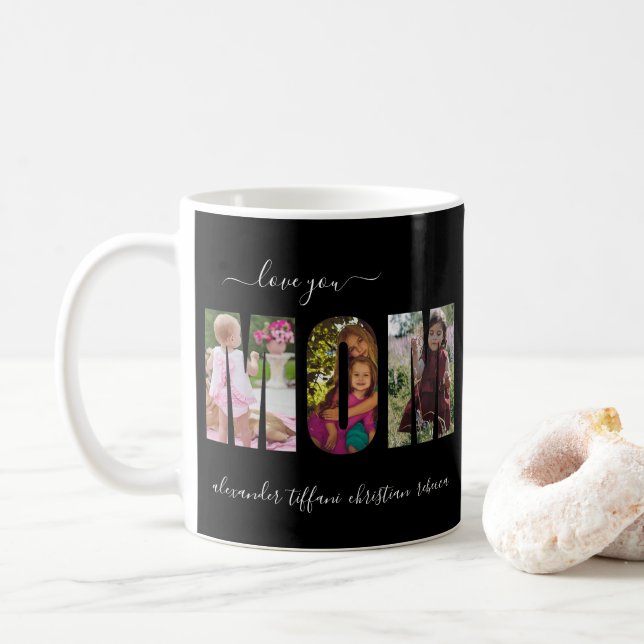 Love You Mom Photo Collage Lettres Café Mug (Avec donut)