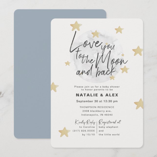 Love You Moon & Back Boy Baby shower Invitation (Devant / Derrière)