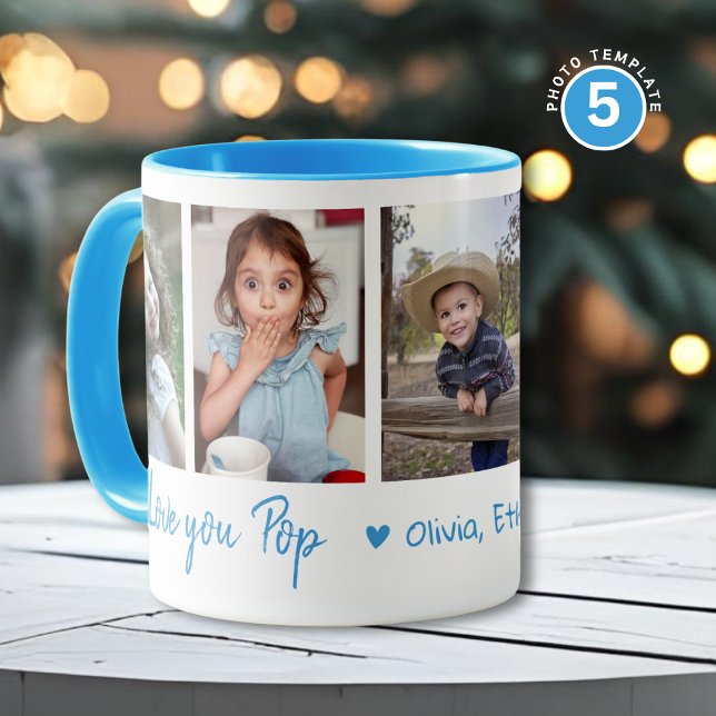 Love You Pop Grandkids Names 5 Photo Collage Blue Tasse (Von Creator hochgeladen)
