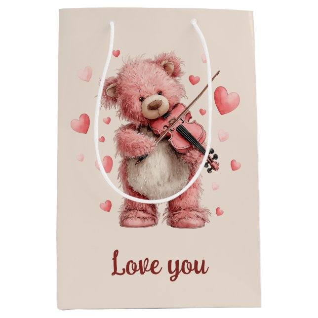 Love You Teddy with Violin Mittlere Geschenktüte (Vorderseite)
