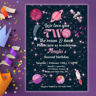 Love You Two The Moon Girls Pink 2nd Birthday Einladung