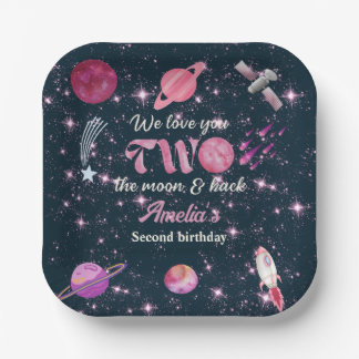 Love You Two The Moon Girls Pink 2nd Birthday Pappteller