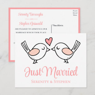 Lovebird Pink Love Birds Just Married Wedding Ankündigungspostkarte
