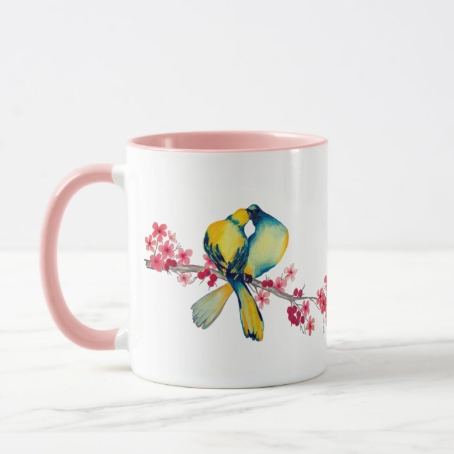Lovebirds auf Cherry Blossom Tasse (Links)