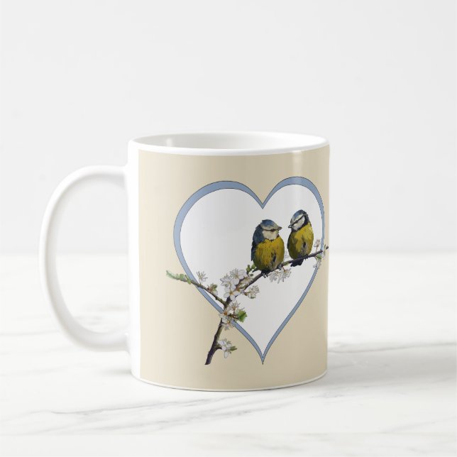 Lovebirds auf Kirschblütenbeige Kaffeetasse (Links)