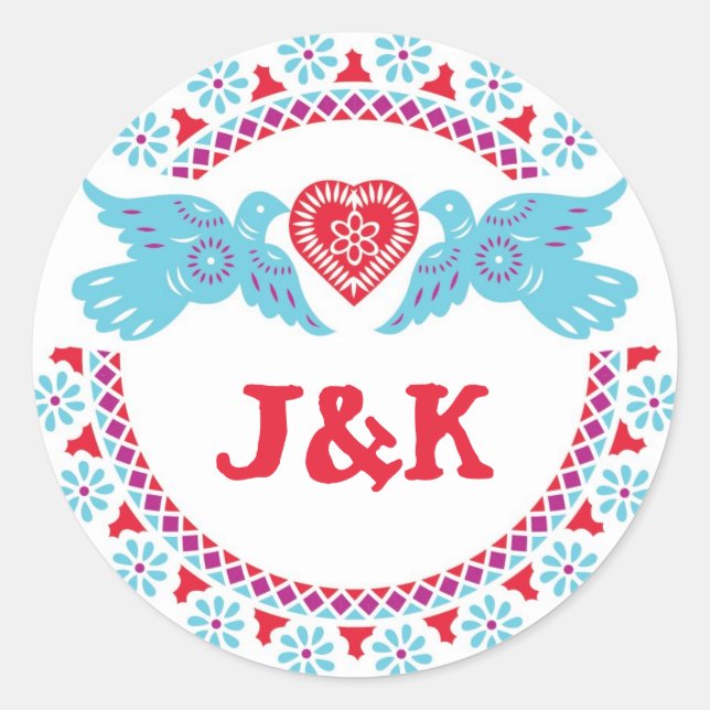 Lovebirds autocollant rond turquoise et rouge (Devant)