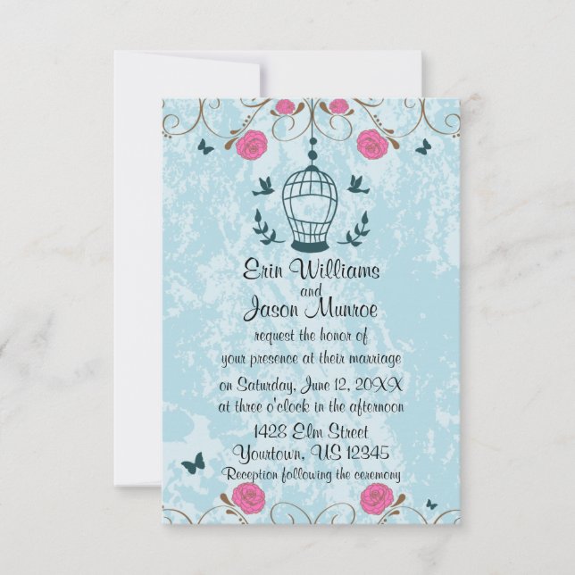 Lovebirds Bird Cage Rose Hochzeit Einladung (Vorderseite)