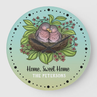 Lovebirds Couple in Nest Home Sweet Home Große Wanduhr