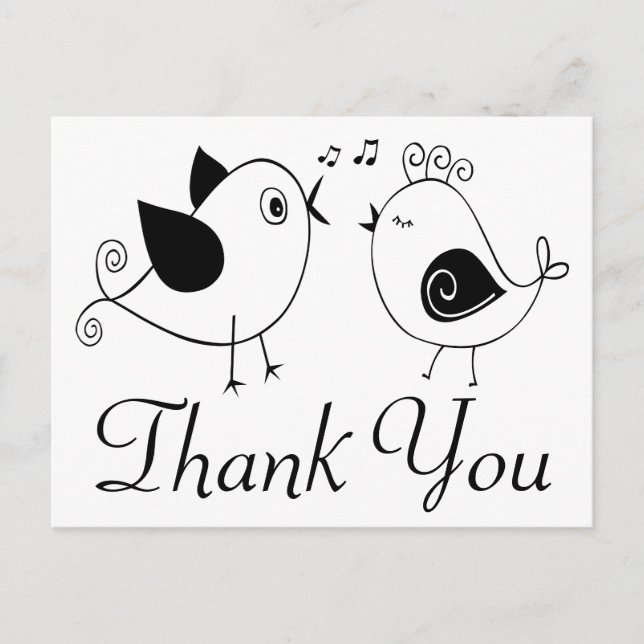 Lovebirds Danke Schwarz-weiße Hochzeitvögel Postkarte (Vorderseite)