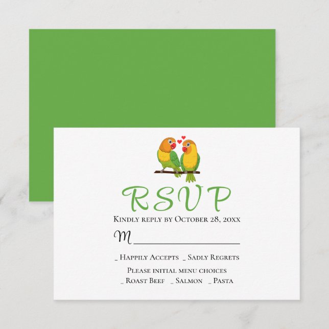 Lovebirds Green Yellow Love Birds Wedding RSVP (Vorne/Hinten)