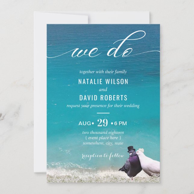 Lovebirds machen wir Typografie Beach Wedding Einladung (Vorderseite)