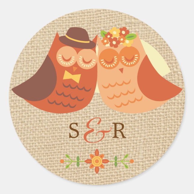 Lovebirds Owl auf Burlap-Hochzeitsticker Runder Aufkleber (Vorderseite)
