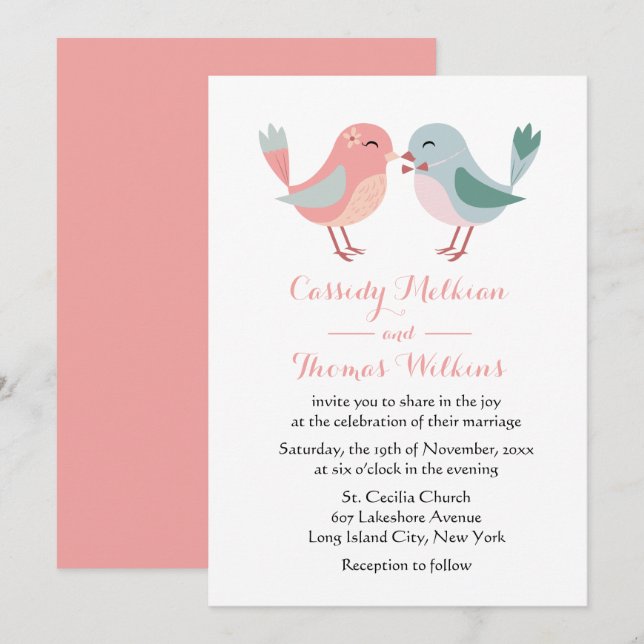 Lovebirds Rosa & Blau Hochzeitvögel Einladung (Vorne/Hinten)