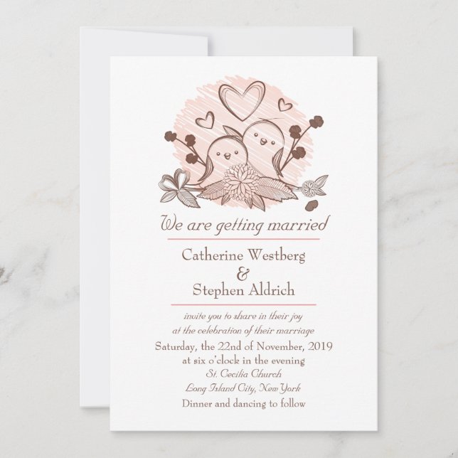 Lovebirds Rosa und Braun Einladung zur Hochzeit (Vorderseite)