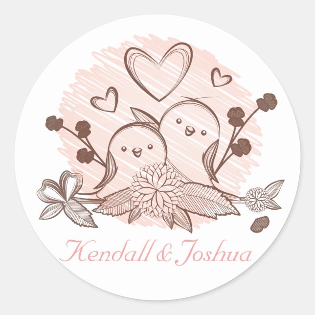 Lovebirds Rosa und Braun Hochzeitssemble Brautpart Runder Aufkleber (Vorderseite)