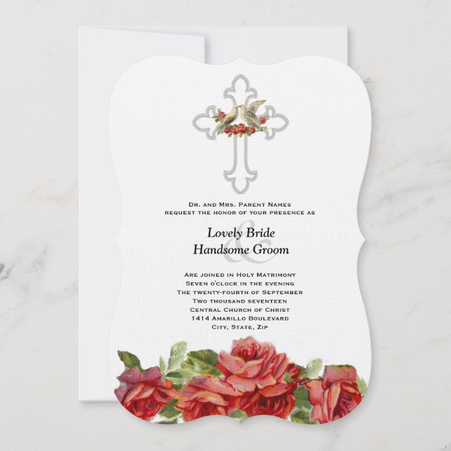 Lovebirds Rote Rosen Christlich Hochzeit Einladung (Vorderseite)