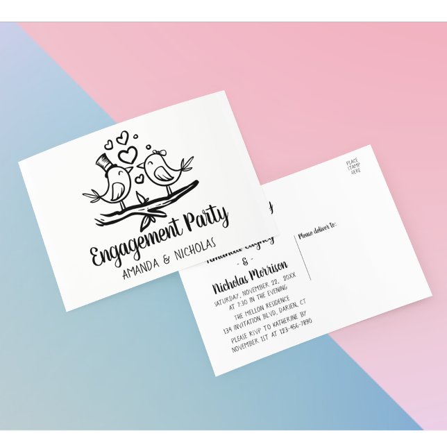 Lovebirds Schwarz-weiße Hochzeitspartnerschaft Einladungspostkarte (Von Creator hochgeladen)