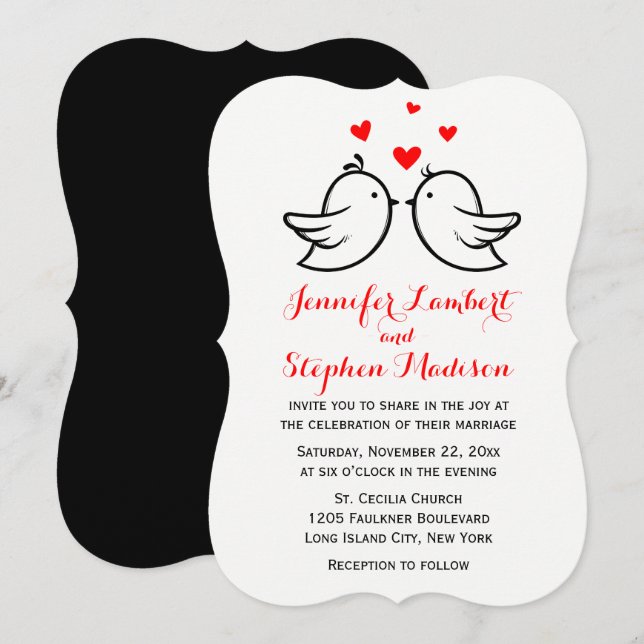 Lovebirds und Hörnchen Rot und Schwarz Hochzeit Einladung (Vorne/Hinten)