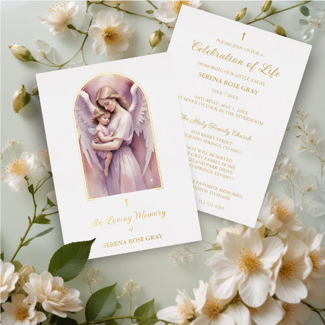 Lovely Arch Angel Guardian with Baby Gold Funeral Folieneinladung (Lovely Arch Effect Angel Guardian with Baby Gold Foil Funeral Invitation Card.)