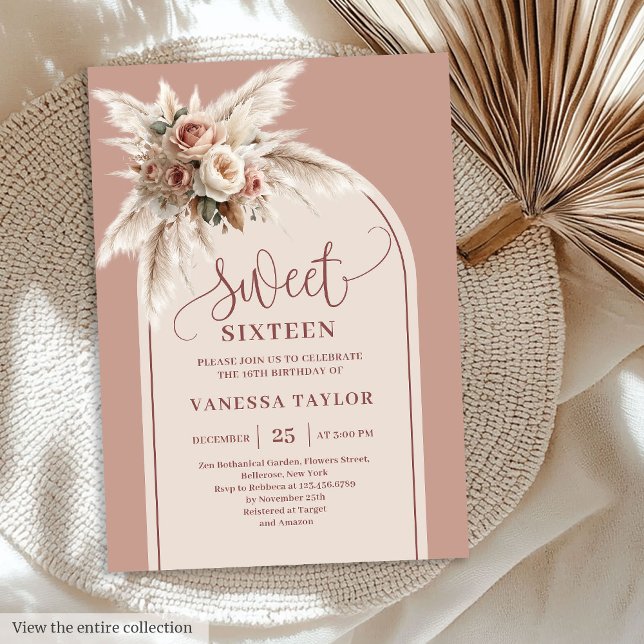 Lovely Arch Pastel Pink Pampas Floral Boho Sixteen Einladung (Lovely Arch Pastel Pink Pampas Floral Boho Sixteen

)