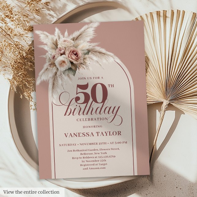 Lovely Arch Powder Pink Pampas Floral 50 Birthday Einladung (Lovely Arch Powder Pink Pampas Floral 50th Birthday)