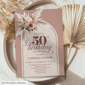 Lovely Arch Powder Pink Pampas Floral 50 Birthday Einladung
